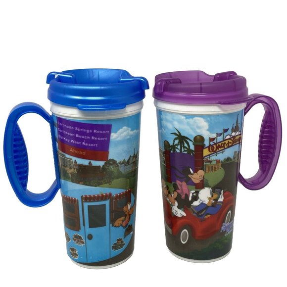 Set 2 Disney World Rapid Fill Refillable Whirley Travel Mugs Cups Purple Blue - Picture 2 of 6